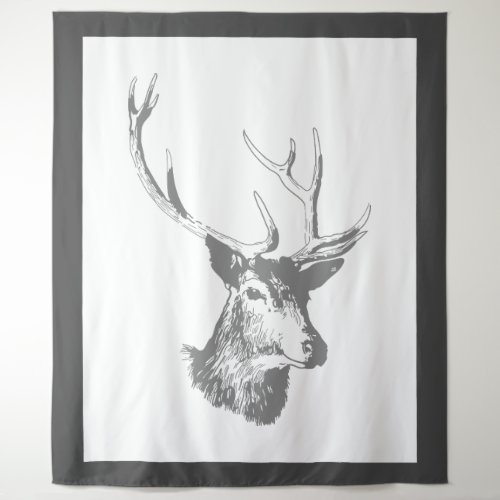 Grey Tones Deer Head Illustration Tapestry