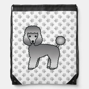 Grey Toy Poodle Cute Cartoon Dog & Paws Drawstring Bag