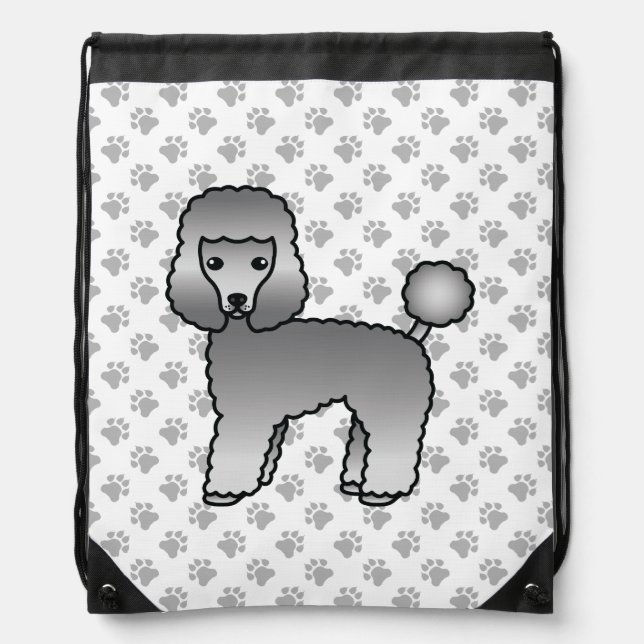 Grey Toy Poodle Cute Cartoon Dog & Paws Drawstring Bag (Front)