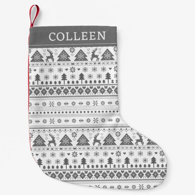 Grey Traditional Scandinavian Nordic Personalized Small Christmas Stocking (Front)