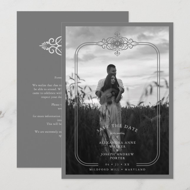 Grey Trendy Lace Flourish Initials Wedding Photo Save The Date (Front/Back)