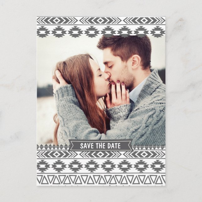 GREY TRIBAL AZTEC PHOTO SAVE THE DATE POSTCARD (Front)