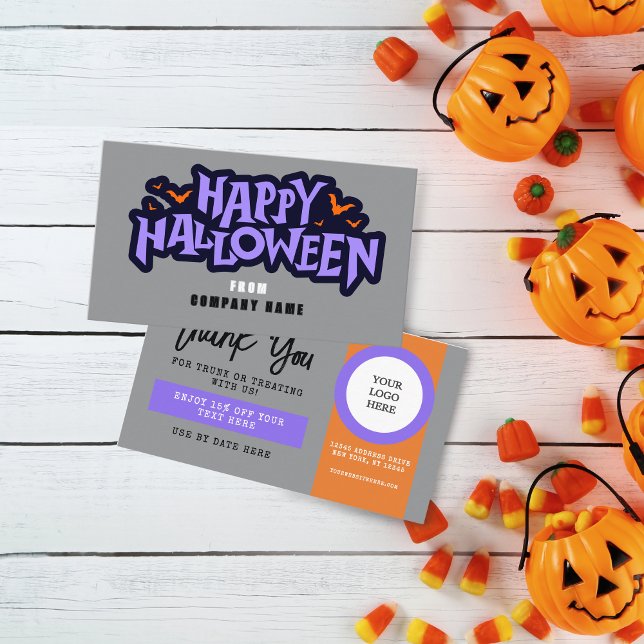 Grey Trunk or Treat Halloween Coupon Business Card (Halloween Discount Coupon Business Cards Pack of 100 in Orange, Purple and Grey and Black)