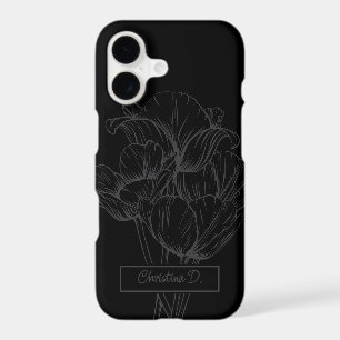 Grey Tulips Line Drawing on Black with Name iPhone 17 Case