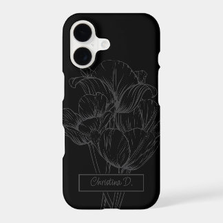 Grey Tulips Line Drawing on Black with Name iPhone 17 Case
