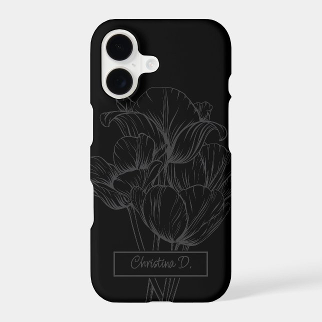 Grey Tulips Line Drawing on Black with Name iPhone Case (Back)