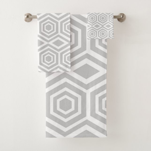 Grey Turkish Geometric Pattern Bath Towel Set (Insitu)