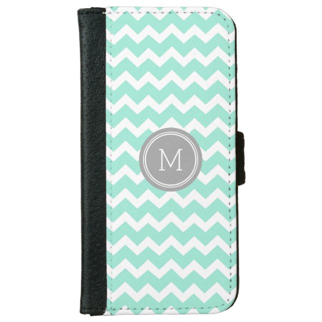Grey Turquoise Chevron Pattern Monogram iPhone Wallet Case (Front)