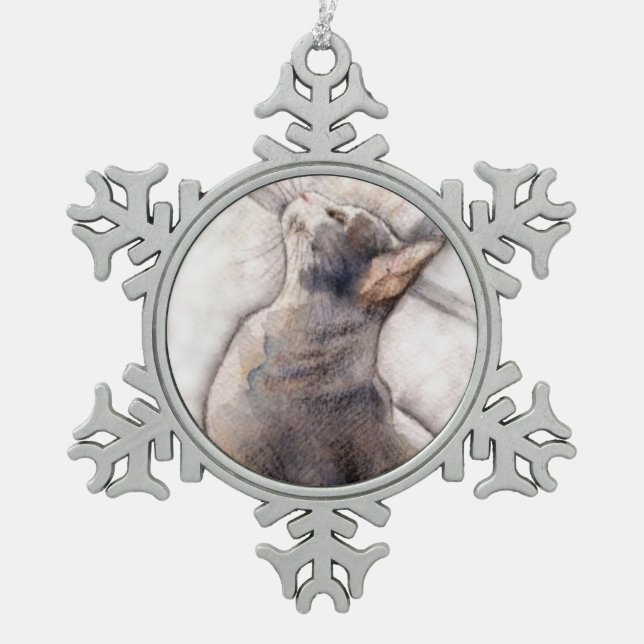 Grey Tuxedo Cat in pewter snowflake ornament (Front)