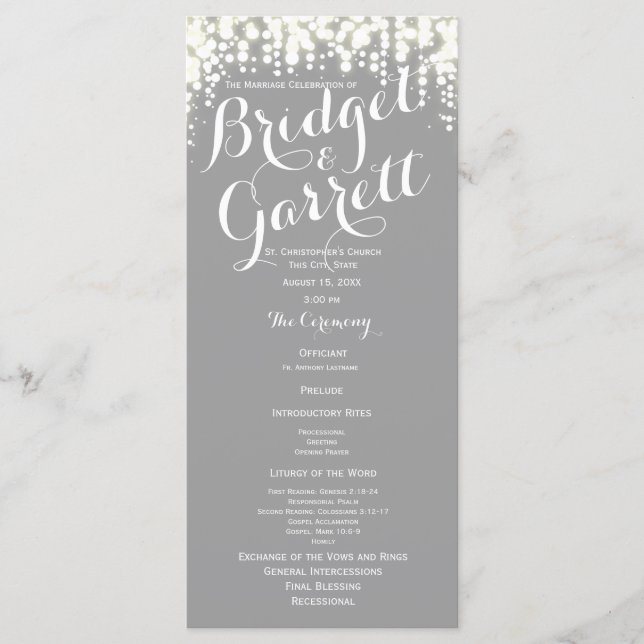 Grey Twinkle Lights Wedding Program (Front)