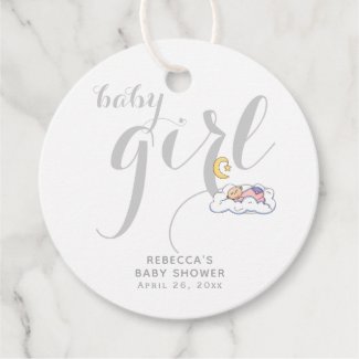 Grey typography and sleeping baby girl shower favor tags