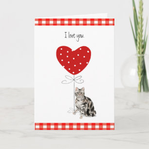 Grey Valentine Cat with Heart Balloon Red & White Card