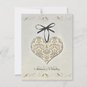 Grey Vintage Damask Heart Wedding Reply Card