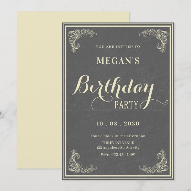 Grey vintage elegant birthday  invitation (Front/Back)
