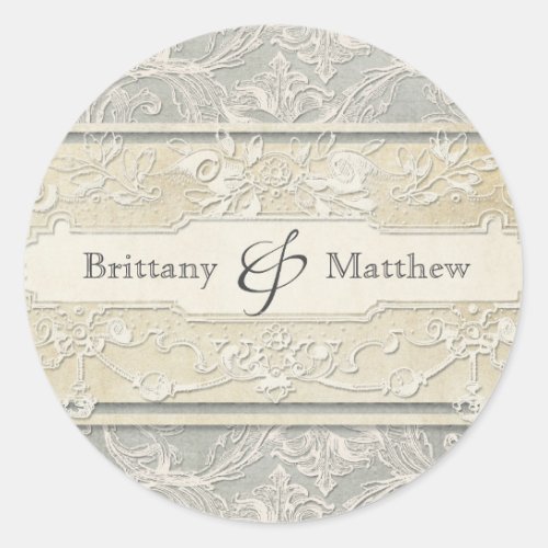 Grey Vintage French Regency Lace Weddings Classic Round Sticker