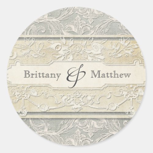 Grey Vintage French Regency Lace Weddings Classic Round Sticker