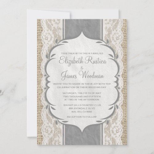 Grey Vintage Linen &amp; Lace Wedding Invitations