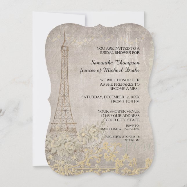 Grey Vintage Paris Parisian Stylish Bridal Shower Invitation (Back)
