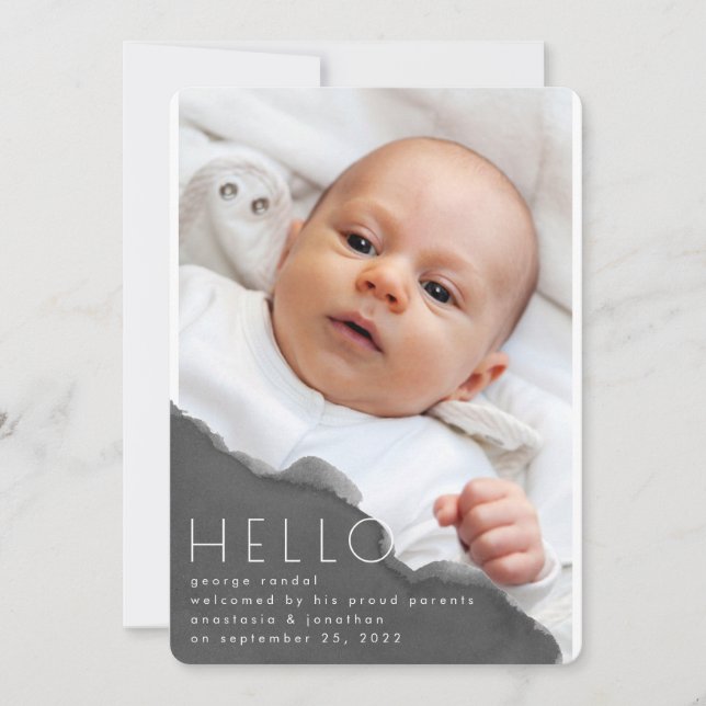 Grey Water Modern Minimalist birth Photo Announcement (Front)