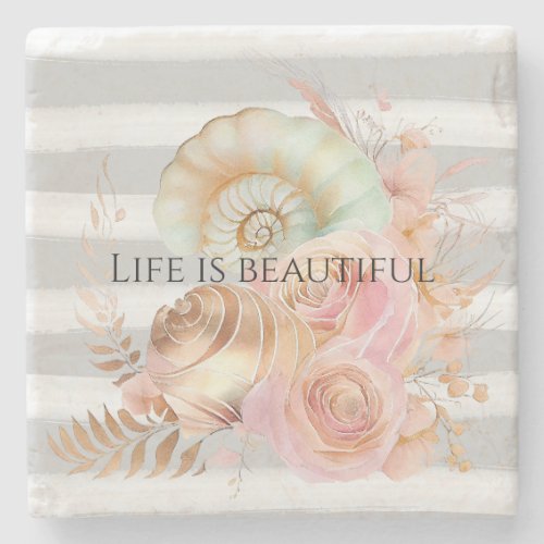 Grey Watercolor Beach Stripes Gold Floral Shells Stone Coaster