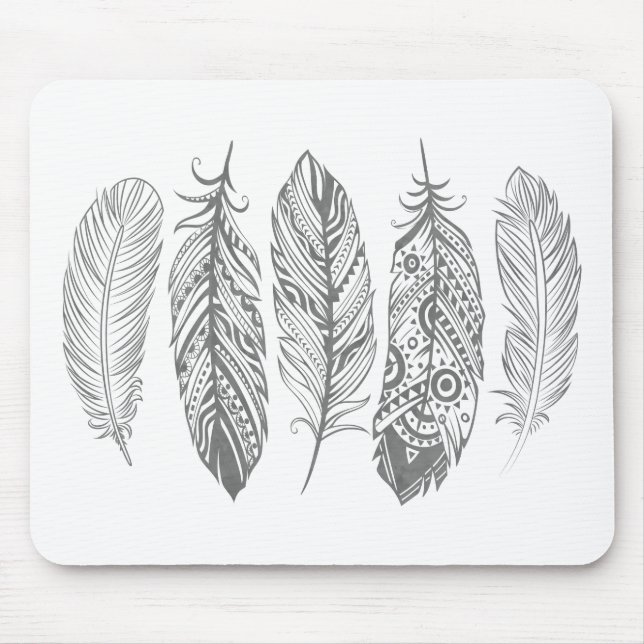 Grey Watercolor Feather Tribal Print Mousepad (Front)