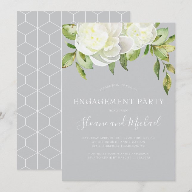 Grey Watercolor Floral Peony Engagement Party Invitation (Front/Back)