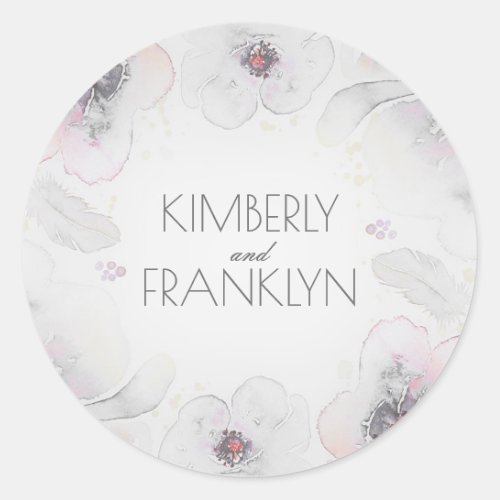 Grey Watercolor Flowers Boho Feathers Wedding Classic Round Sticker - Watercolor floral feathers boho chic wedding seals and/or wedding thank you stickers - dusty grey and blush colors