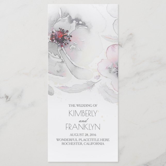 Grey Watercolor Flowers Boho Wedding Programs (Front)