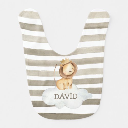 Grey Watercolor Lion Crown Personalized Cute Baby Bib