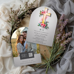 Grey Watercolor Pastel Floral Cross-Shape Wedding Invitation
