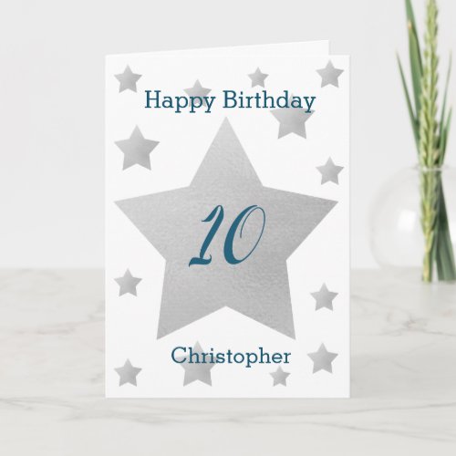 Grey Watercolor Stars 10th Birthday Card