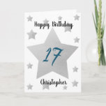 Grey Watercolor Stars 17th Birthday Card<br><div class="desc">Personalized grey watercolor stars 17th birthday card for him. The front features watercolor grey stars and a place for you to personalize with the birthday recipient's name. The inside card message can be easily personalized and the back with the year. This stars personalized 17th birthday card would make a unique...</div>