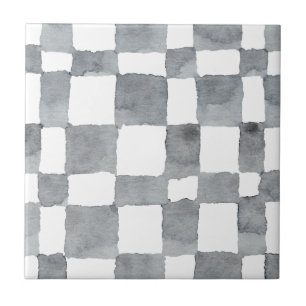 Grey Watercolour Checks Ceramic Tile