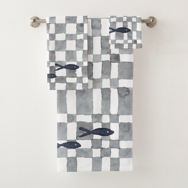 Grey Watercolour Checks Fish Towel Set (Insitu)