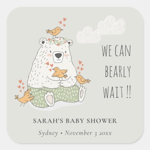 Grey We Can Bearly Wait Bear Birds Baby Shower Square Sticker