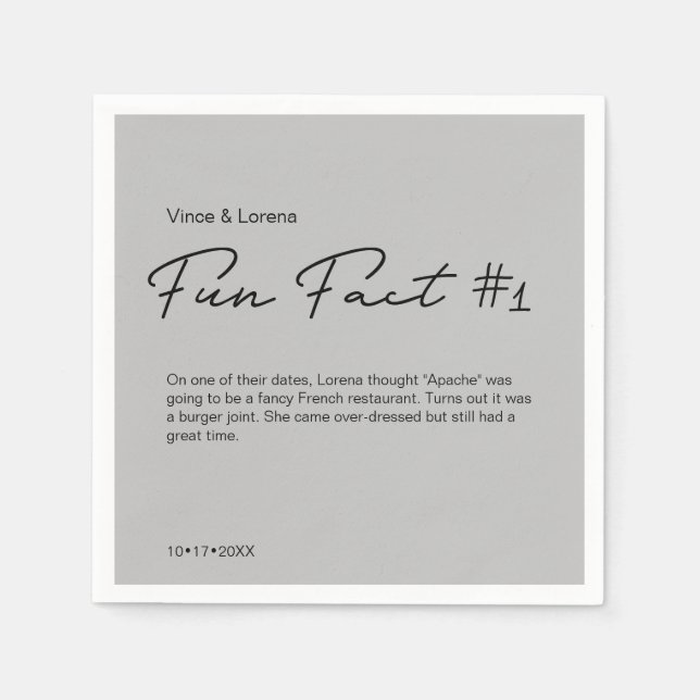 Grey Wedding Personalized Fun Fact Napkins (Front)