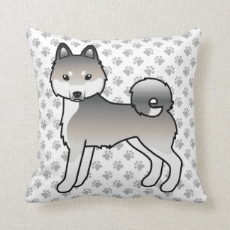 Grey &amp; White Alaskan Klee Kai Cartoon Dog &amp; Paws Throw Pillow