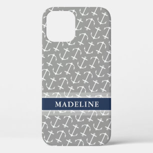 Grey White Anchor Pattern Navy Name iPhone 12 Case