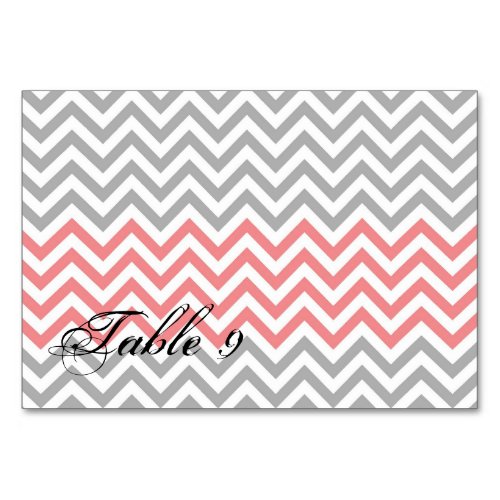 Grey White and Coral Chevron Table Number