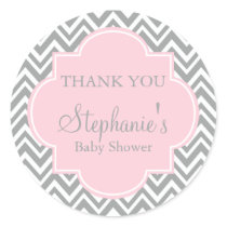 Grey, White and Pastel Pink Chevron Baby Shower Classic Round Sticker