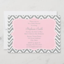 Grey, White and Pastel Pink Chevron Baby Shower Invitation