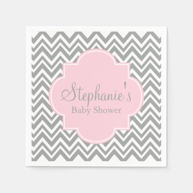Grey, White and Pastel Pink Chevron Baby Shower Napkins (Front)