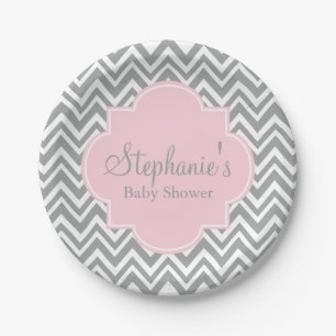 Grey, White and Pastel Pink Chevron Baby Shower Paper Plates