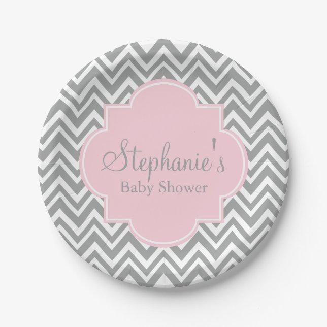 Grey, White and Pastel Pink Chevron Baby Shower Paper Plates (Front)
