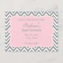 Grey, White and Pastel Pink Chevron Baby Shower Postcard