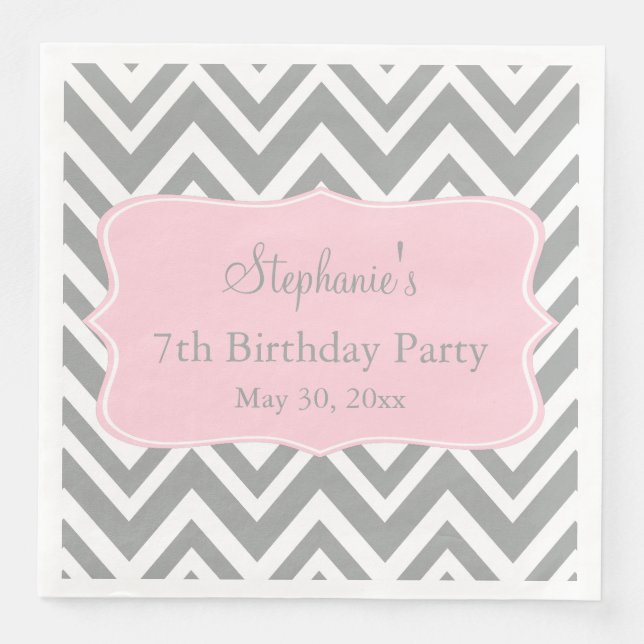 Grey, White and Pastel Pink Chevron Birthday Paper Dinner Napkins (Front)