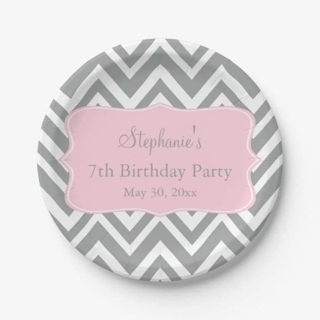 Grey, White and Pastel Pink Chevron Birthday Paper Plates (Front)