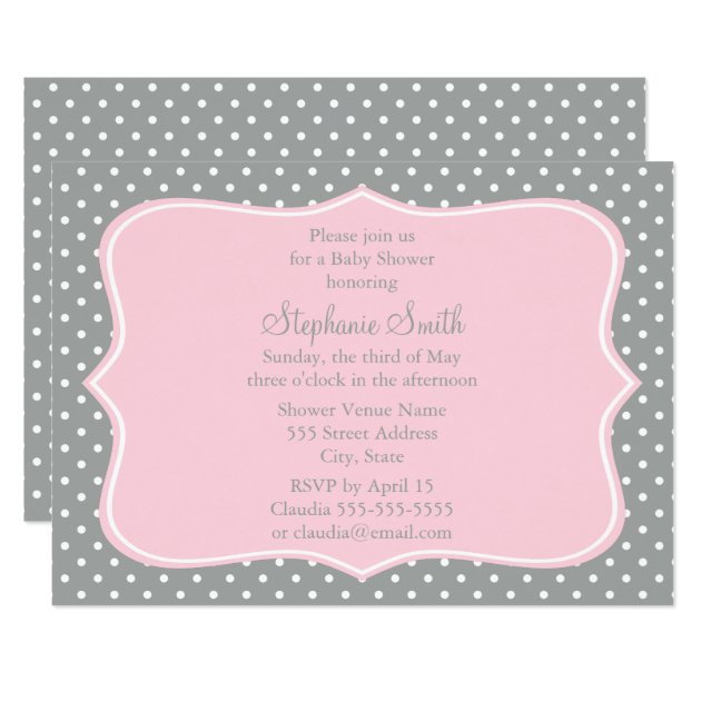 Grey, White And Pastel Pink Polka Dot Baby Shower Invitation