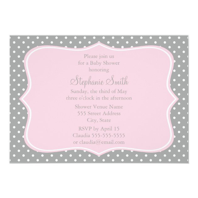 Grey, White And Pastel Pink Polka Dot Baby Shower Invitation