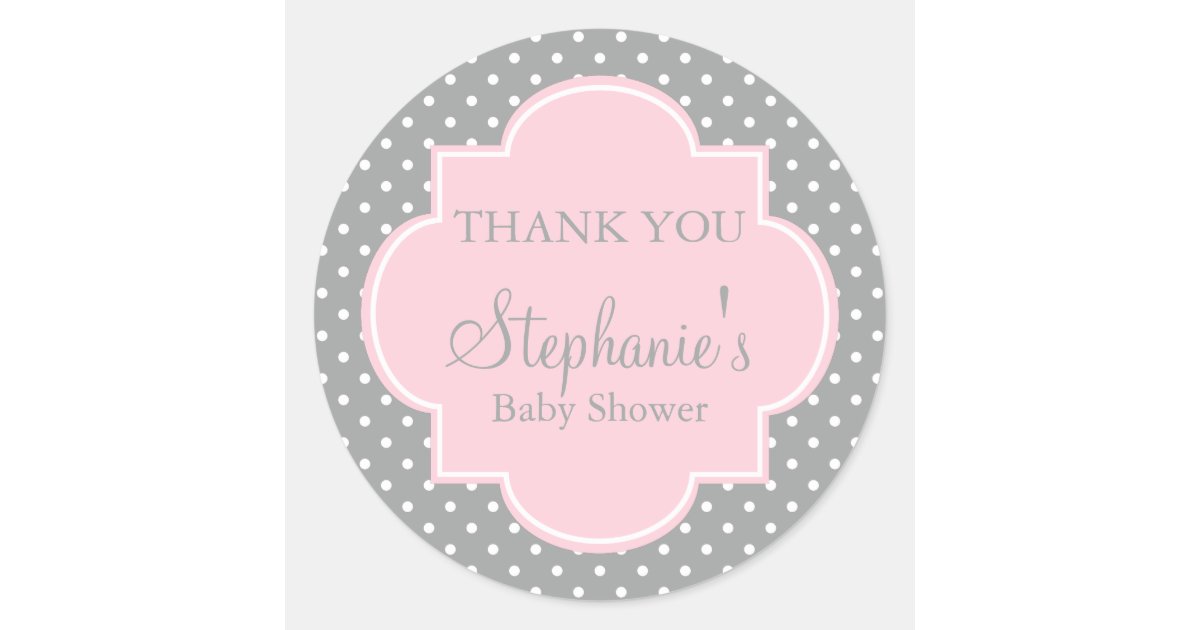 Grey White And Pastel Pink Polka Dot Baby Shower Classic Round Sticker Zazzle Com